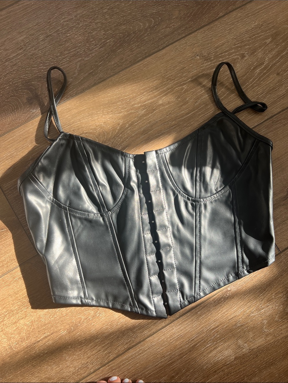 Black Faux Leather Corset Crop Top - Women